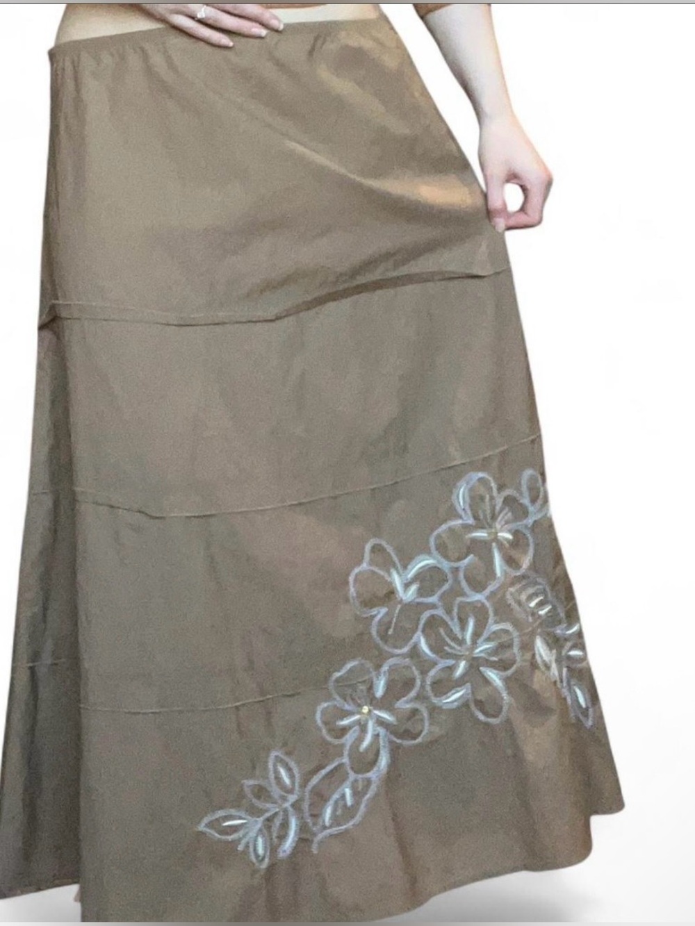 Vintage Talbots tiered brown cotton maxi skirt w floral embroidery and sequins